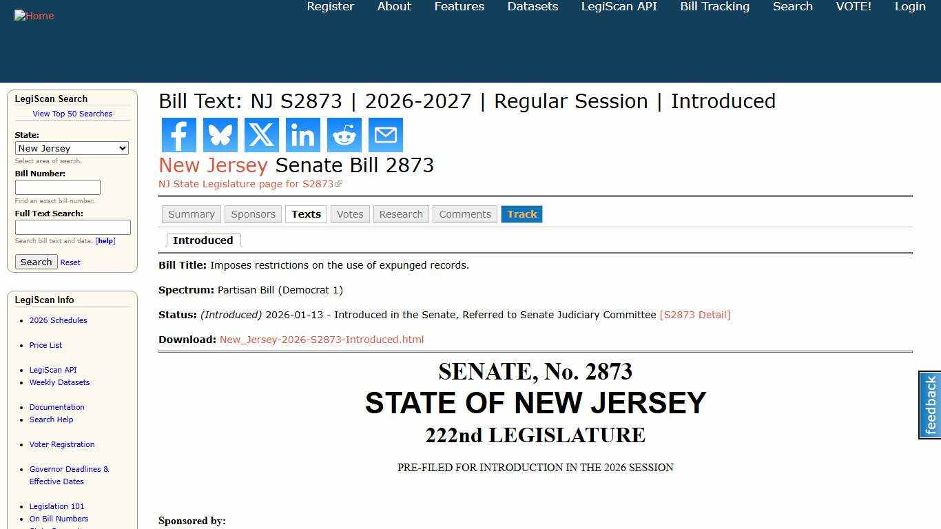 Bill Text: NJ S2873 2026-2027 Regular Session Introduced LegiScan